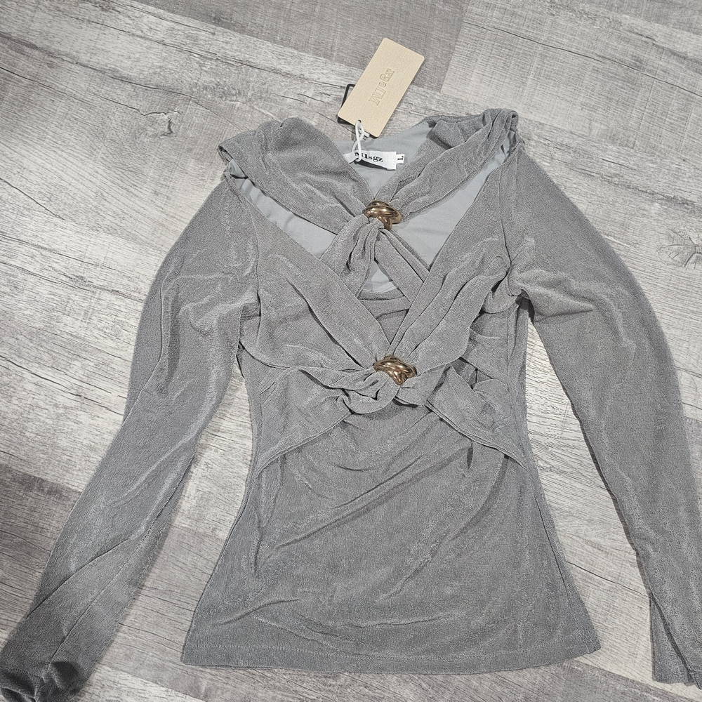 Zara Gray Long-Sleeve Blouse with Knot Detail